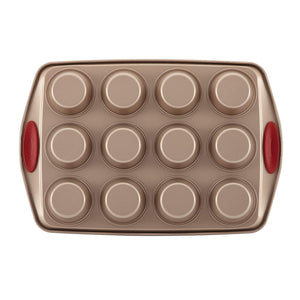 Nonstick Bakeware 10-Piece Set, Latte Brown with Cranberry Red Handle Grips