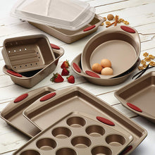 Load image into Gallery viewer, Nonstick Bakeware 10-Piece Set, Latte Brown with Cranberry Red Handle Grips