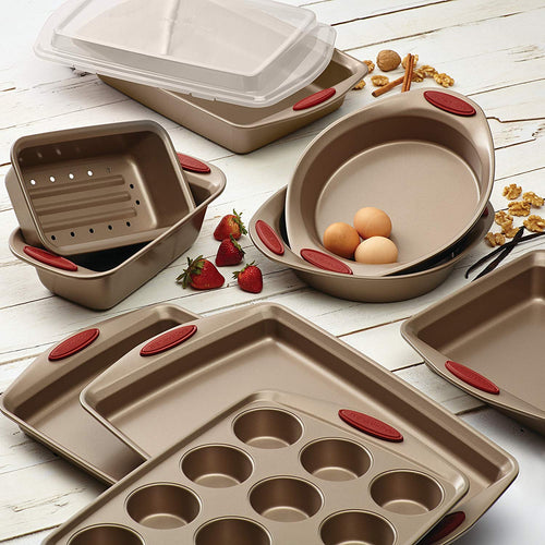 Nonstick Bakeware 10-Piece Set, Latte Brown with Cranberry Red Handle Grips