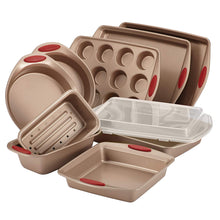 Load image into Gallery viewer, Nonstick Bakeware 10-Piece Set, Latte Brown with Cranberry Red Handle Grips